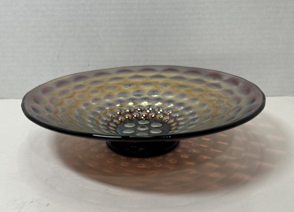 Vtg Fenton Carnival Glass Amethyst Coin Dot Low 8.5" Bowl, Iridescent Footed
